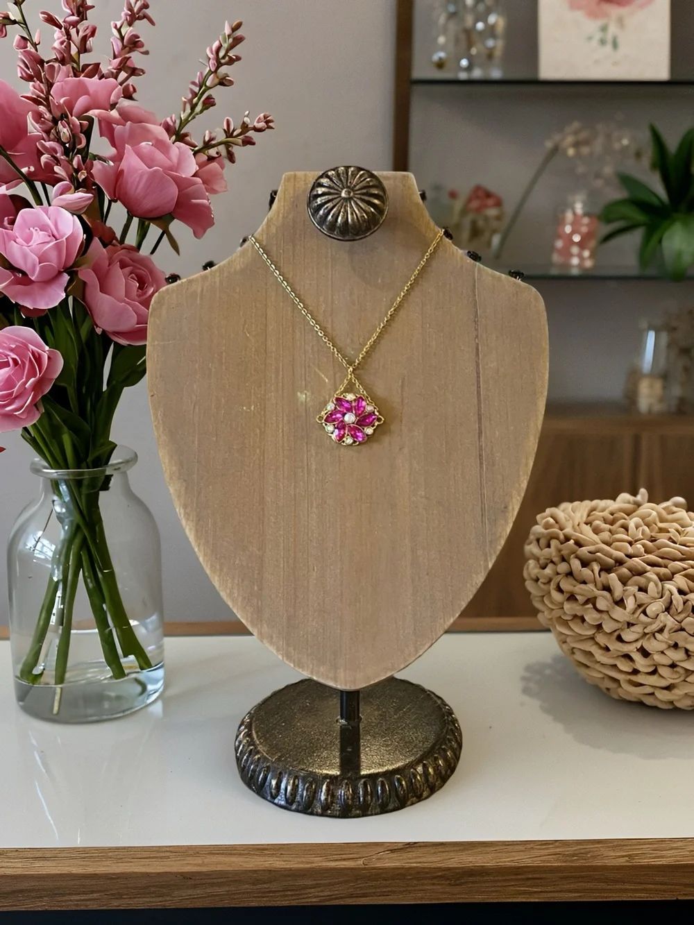 Gold-Tone Fuchsia Crystal Flower Pendant Necklace and Earring Set